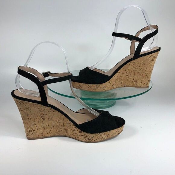 Charles by Charles David Lambert Wedge Black Sandals Cork Ankle Strap - Picture 5 of 8
